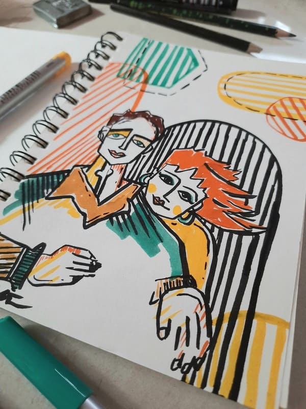 Abstract human figure sketch with striped background pattern