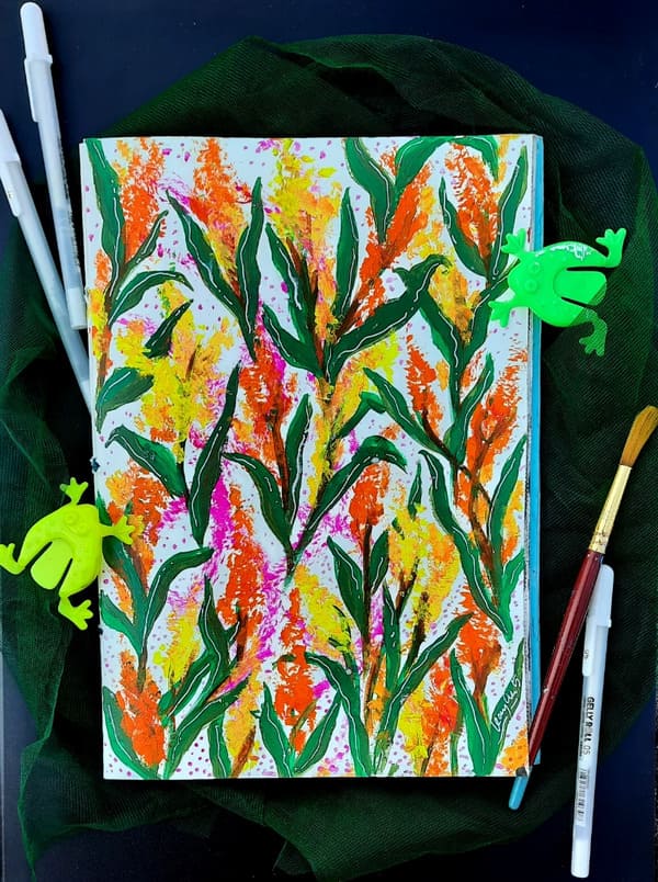 Abstract floral-inspired painting with repetitive patterns