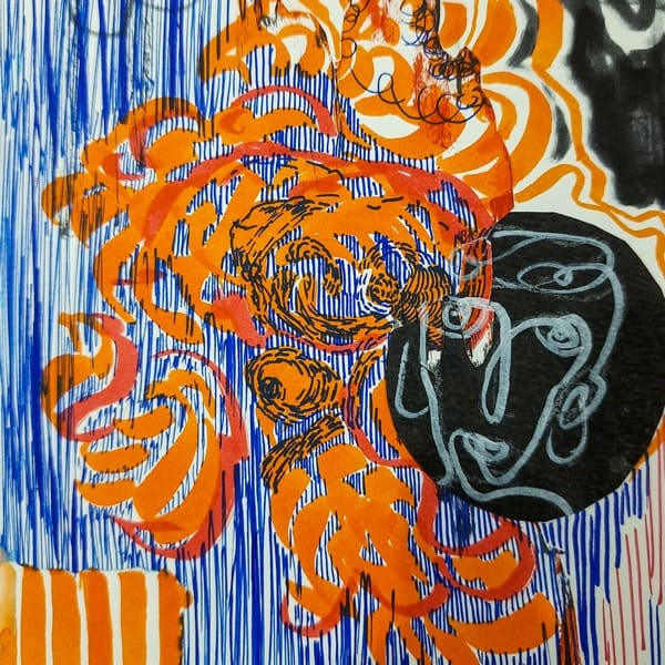 Abstract portrait with bold orange line art