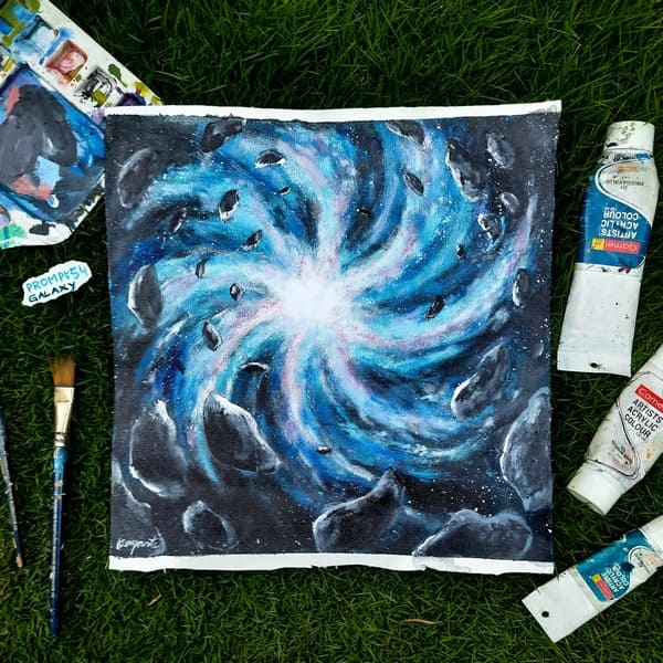 Energetic blue abstract artwork with swirling motion and bold highlights