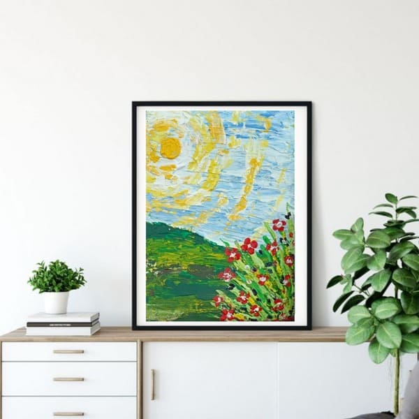Textured acrylic landscape painting with yellow sky and green hills