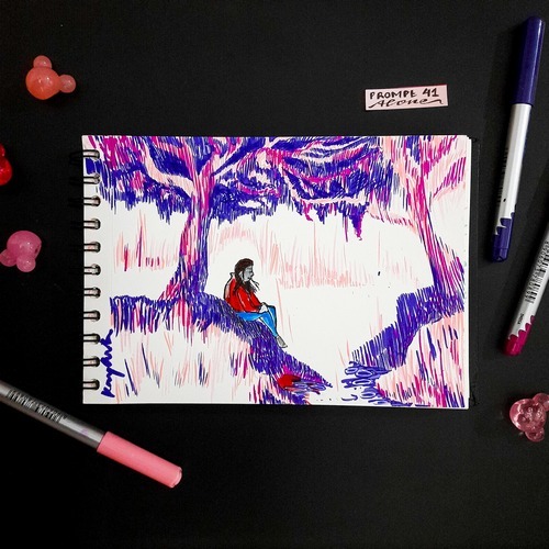Purple dreamscape illustration of a lone figure in snowy mountains