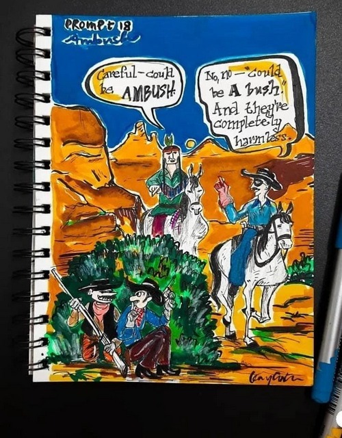 Comic-style ambush illustration with expressive characters and dialogue