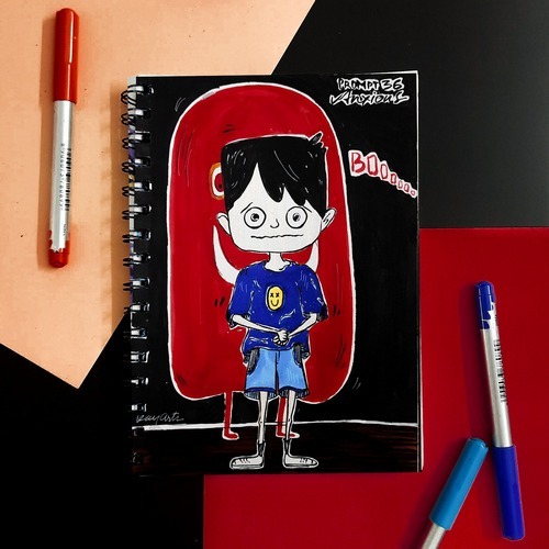 Cartoon anxious girl standing against a red and black background