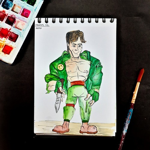 Hand-drawn soldier character sketch in green uniform