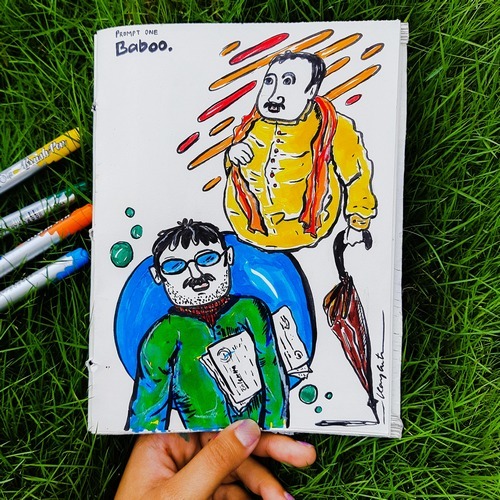 Marker drawing of two quirky characters titled Baboo