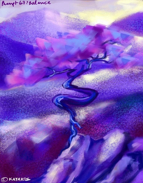 Purple surreal landscape painting with a winding river