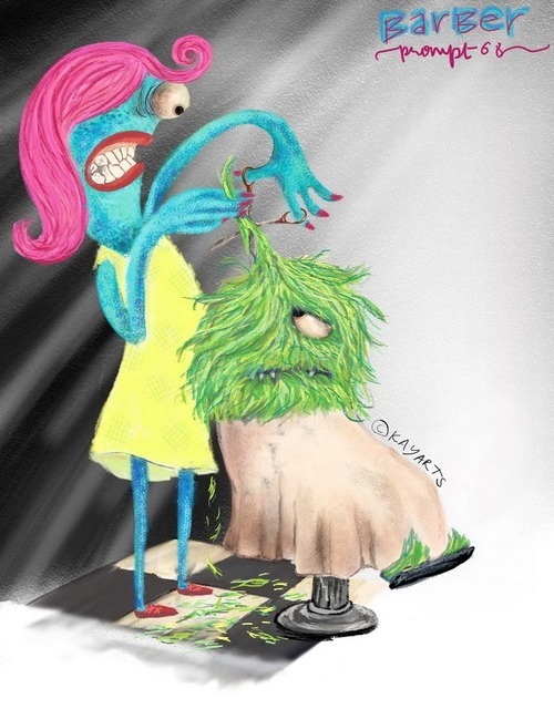 Whimsical barber-inspired character illustration with green hair