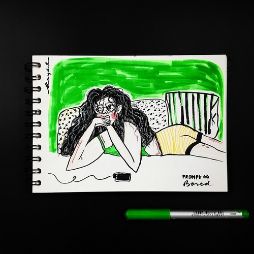 Black-and-white bored character sketch laying on her bed