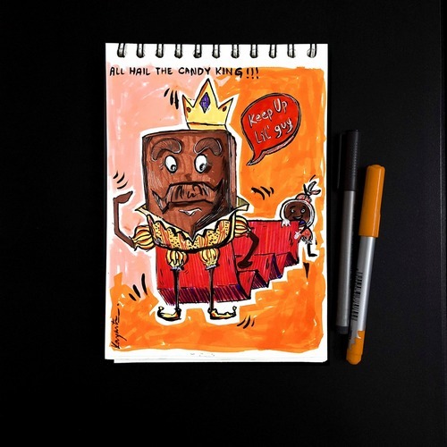 Cartoon candy king illustration with orange and red details