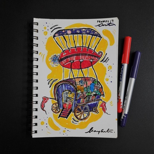Surreal shopping cart artwork with mixed media doodles