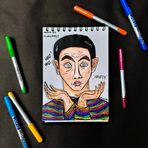 Portrait drawing of a confused man with striped clothing