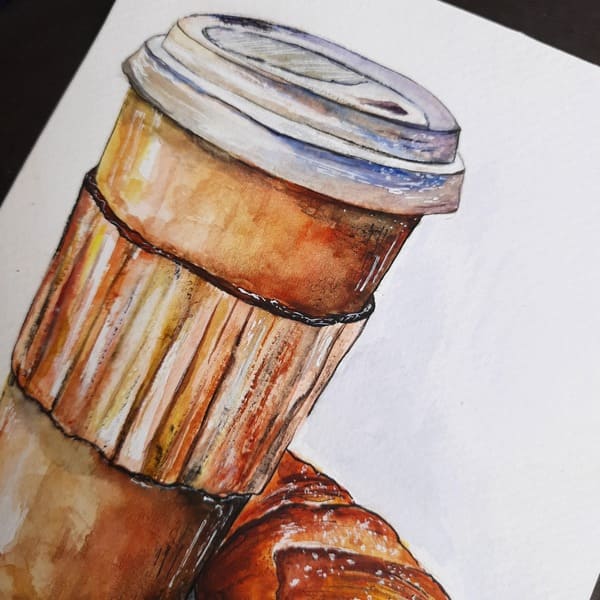 Realistic watercolor painting of a coffee mug with rich textures