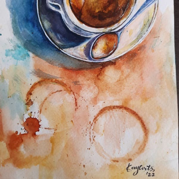 Watercolor painting of coffee with fluid splashes and warm tones