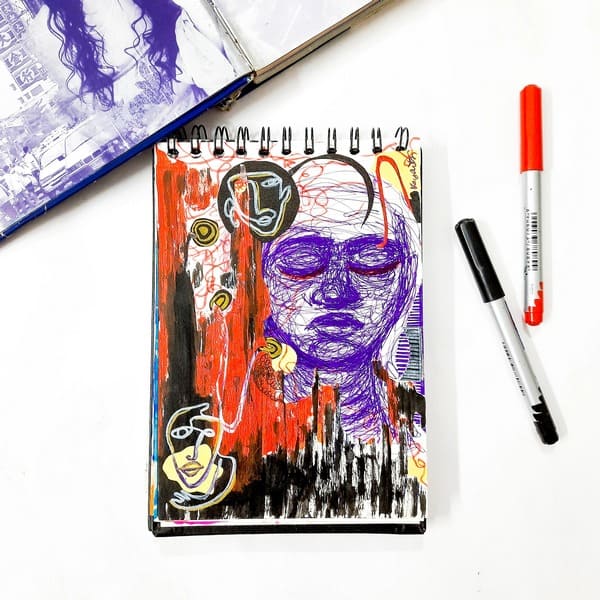 Colorful abstract portrait with ink and expressive line work