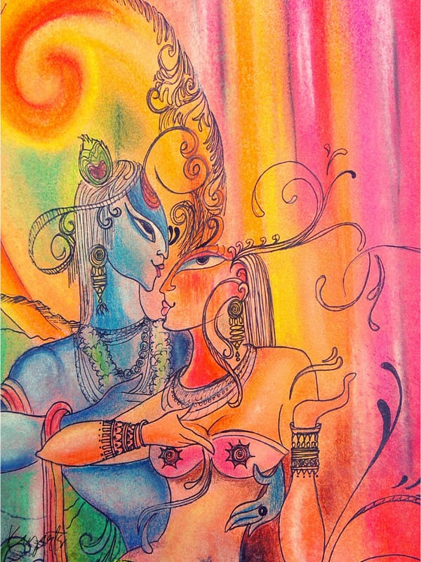 Colorful soft pastel abstract radha krishna artwork with flowing lines and warm tones