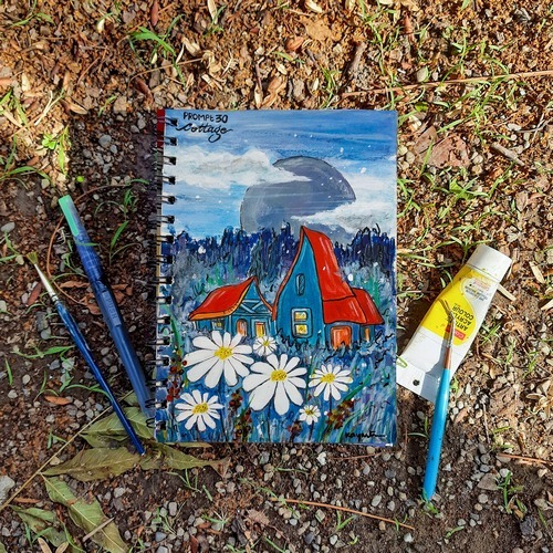 Peaceful cottage landscape painting with flowers and mountains
