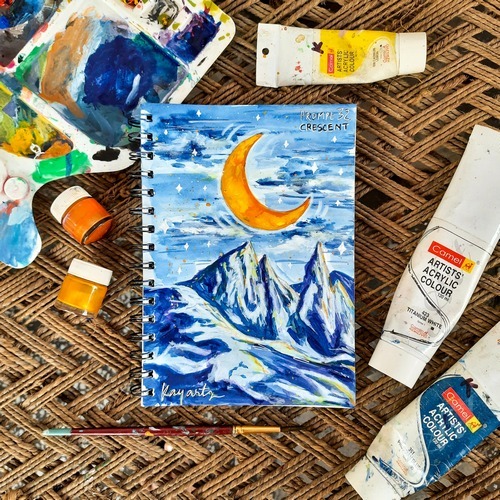 Crescent moon landscape artwork in blue watercolor tones