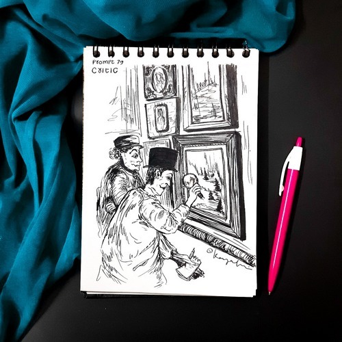 Black-and-white critic illustration beside a window