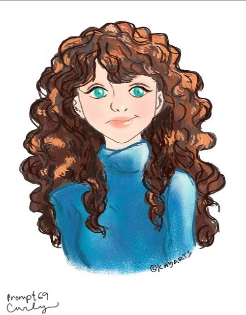 Curly-haired portrait illustration with soft blue background