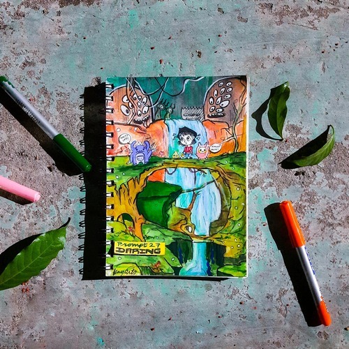 Vibrant daring collage-style artwork with colorful markers