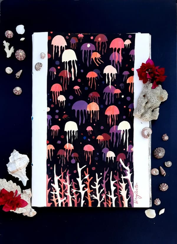 dark floral watercolor painting red accents