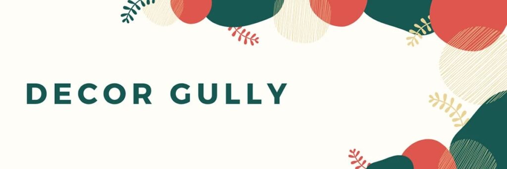 Decor Gully blog banner design with abstract floral shapes and pastel colors