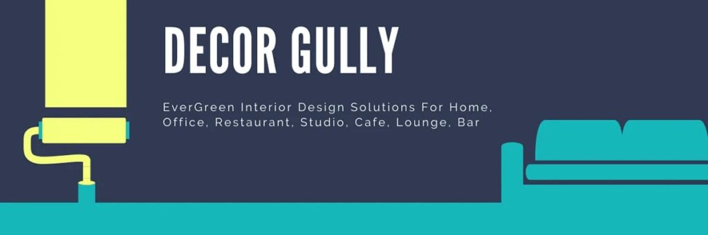 Decor Gully interior design blog header with modern geometric branding elements
