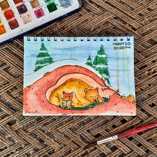 Cozy den illustration with rainbow and mountain scenery