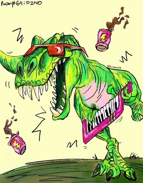 Cartoon dinosaur illustration in bright green and purple colors
