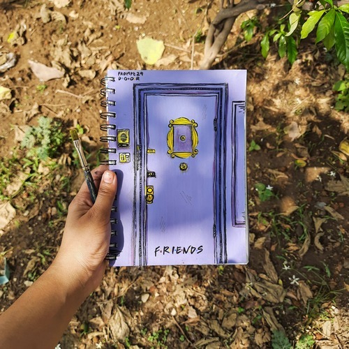 Purple door sketchbook illustration photographed outdoors