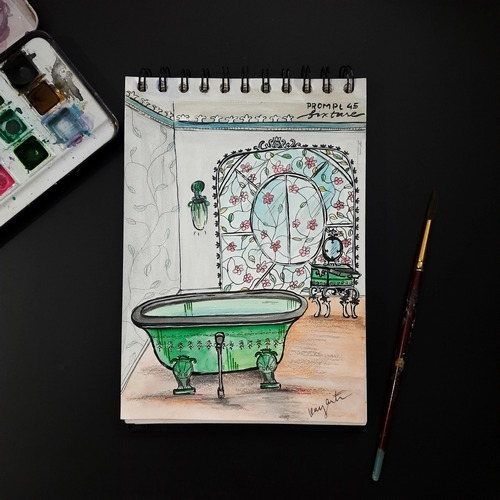 Architectural bathtub fixture sketch in black-and-white line art