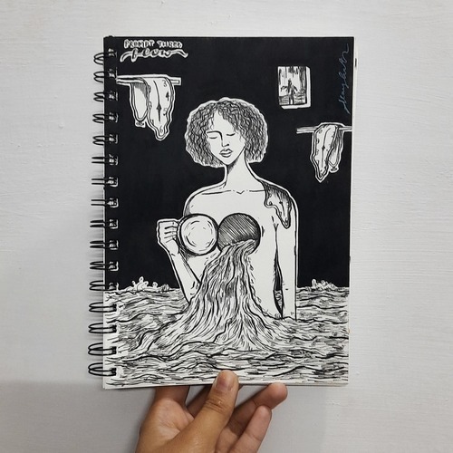 Monochrome surreal portrait illustration titled Flow