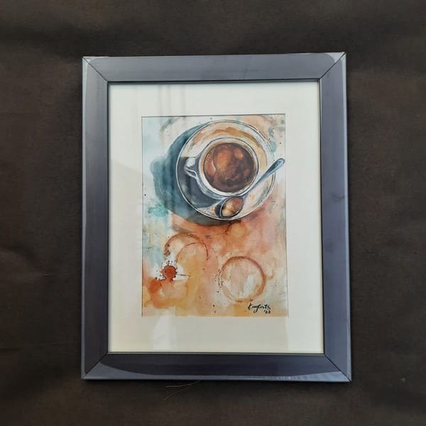 Framed watercolor painting of an espresso cup with soft shadows