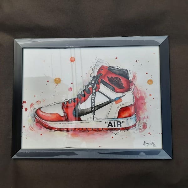 framed red sneaker watercolor painting nike style
