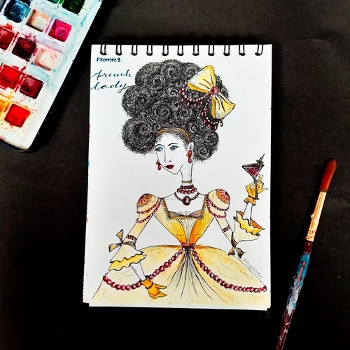 Elegant French lady portrait illustration with fashion styling