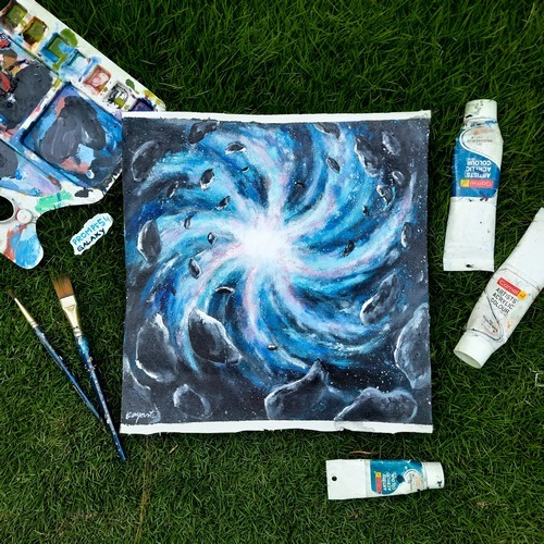 Cosmic galaxy abstract painting with swirling blue energy