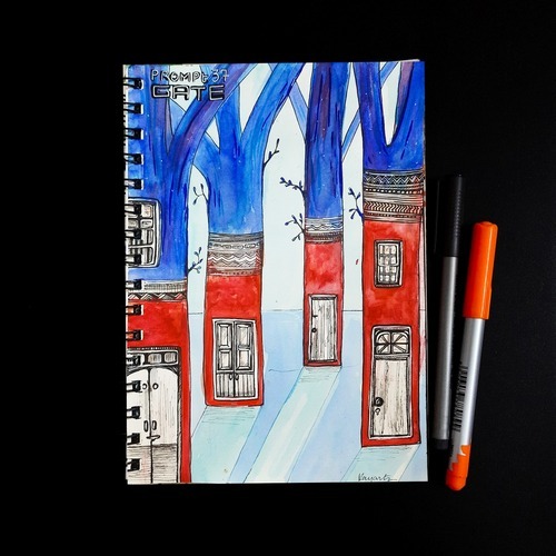 Architectural gate illustration with cathedral-style windows