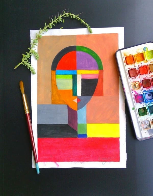 Geometric abstract artwork with arch shapes and color blocking