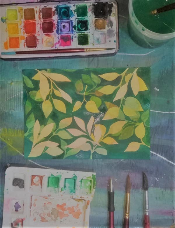 Geometric watercolor artwork with layered green and yellow shapes