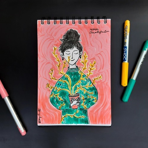 Portrait illustration of a grateful woman in green clothing