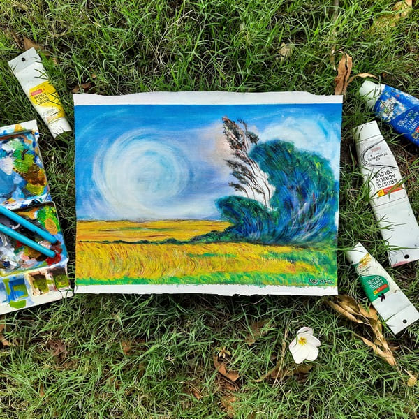 right green field landscape painting with flowers under a blue sky