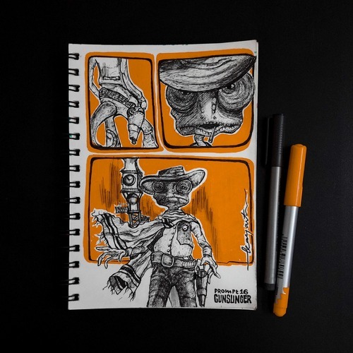Gunslinger comic-style sketch in orange and black tones