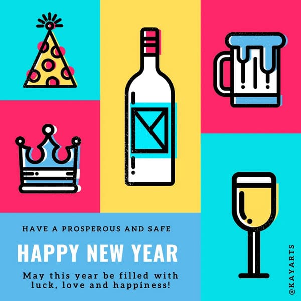 Colorful Happy New Year branded social media graphic with festive icons