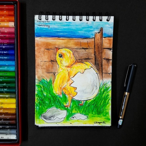 Bright yellow duck hatching illustration near a window