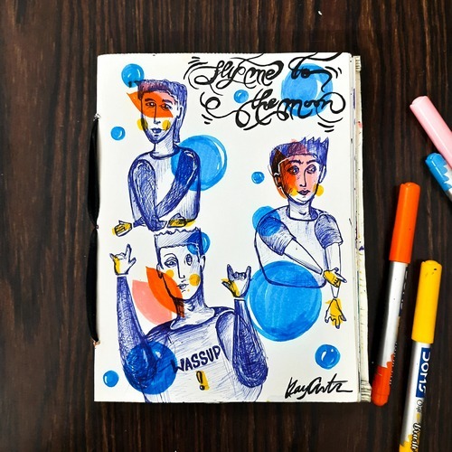 Cartoon henchman group illustration with blue marker details