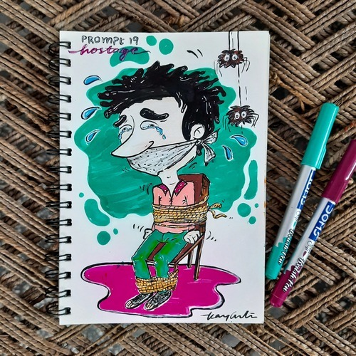Cartoon hostage character illustration with green hair