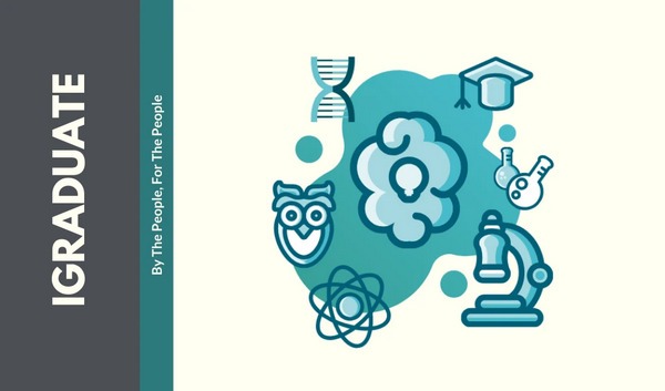 iGraduate educational branding graphic featuring student-focused illustrations and icons