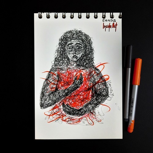 Emotional inside-out portrait illustration in monochrome style