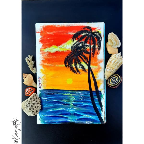 Colorful jellyfish painting over a vibrant ocean sunset with bold acrylic strokes
